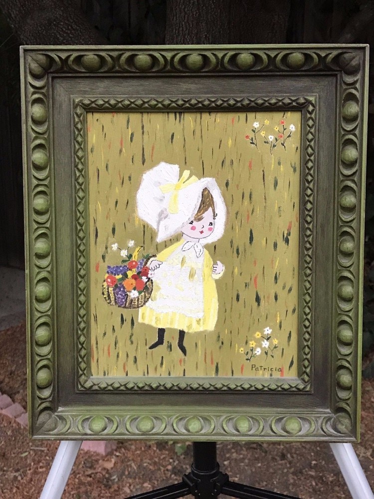 PATRICIA WELCH „Flower Girl“ Original Mid Century Modern Vintage Oil on Board