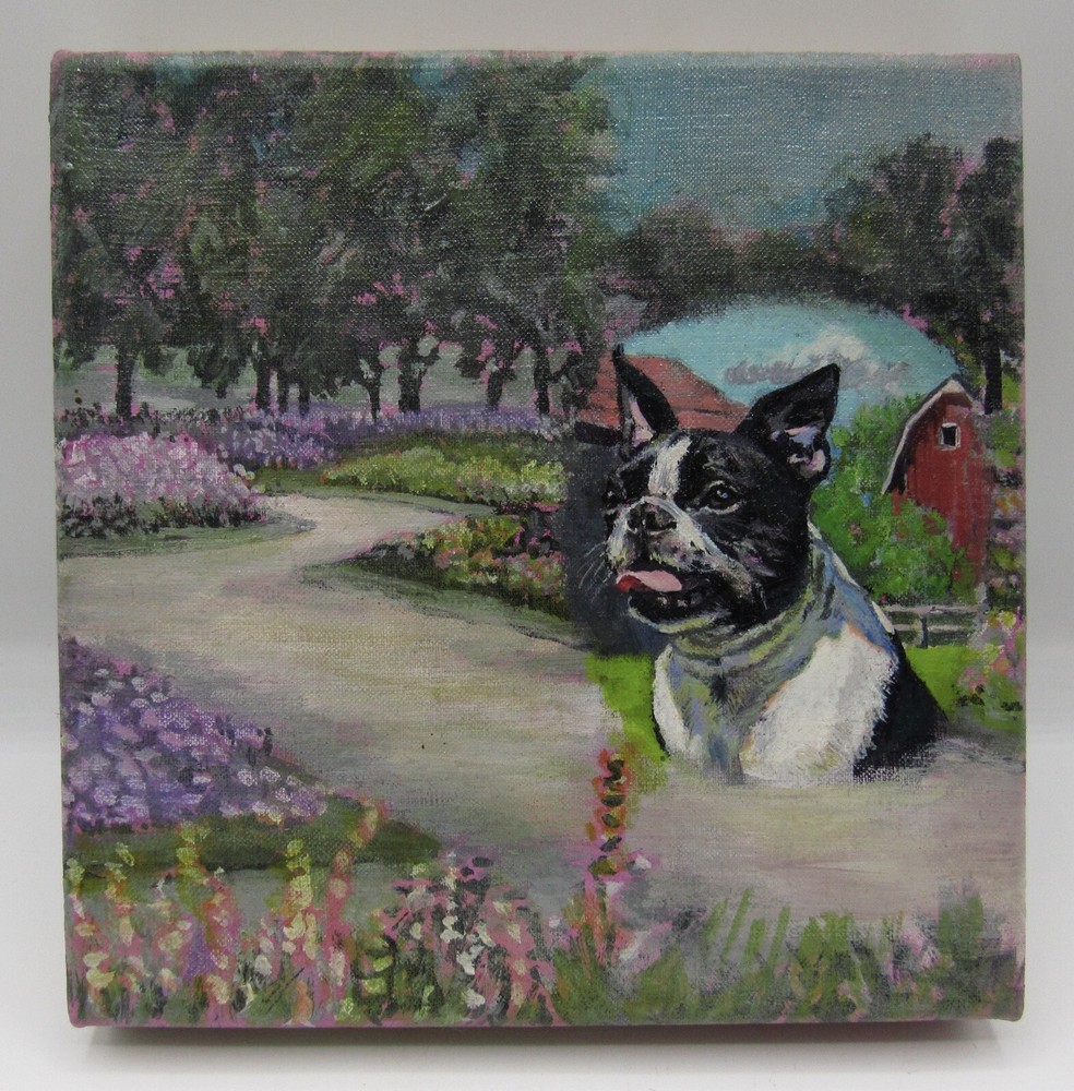 Signed oil painting canvas 1998 Toy Garden French bulldog/pug flowers 6×6″