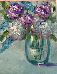 oil paintings original blue Rose Hydrangea Flowers Still Life Green Calm Vase