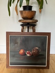 Vintage ANTIQUE ART STILL LIFE PAINTING Pomegranate Fruit IMPRESSIONIST MOODY