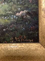 VTG Signed Summer Landscape Trees Lake Mtns Canvas Frame 20.5”T 18 3/8”W 3.75”D