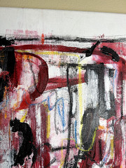 Abstract Canvas Painting 20″x16″ (Burgundy Red with Yellow, Blue & Black)