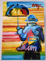 PETEX MAX 28×20 in. Painting on canvas (Umbrella man) signed & stamped. Pop art