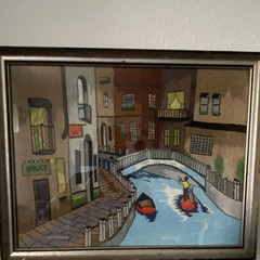 Bruce Naive Canal Cityscape Boats Bridge Framed Signed Canvas silk embroidery