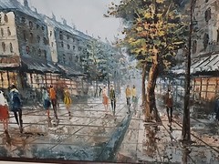 Vintage Henri Rogers Paris Street Cityscape Oil Painting Signed FRAMED 54″×29″
