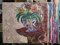 Painting By Cuban American Artist Jose Acosta. „Red Table“ 43 3/4″ X 31 1/2″