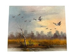 Vintage R. BURTON Original Nature Scene Oil Painting Ducks On Flight 16×20