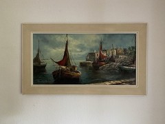 2 Large Oil Paintings Harbour View, Nocturnal View, Midcentury, 92x53cm External Dimension