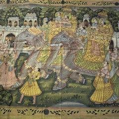 Vintage Antique Indian Mural Painting Cloth Linen Silk Royal Procession Elephant