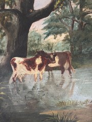 Hand Painted Wood Collector Plate Round Multicolor Cows Landscape Scene