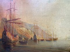 19th Theodore GUDIN – Antique Old Master Oil – Fire by the Coast – Boat and Ship