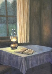 Original Framed Oil Lamp & Book Painting 12×16 Canvas (15×19) Cozy Interior Art