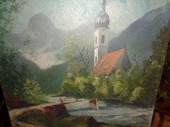 TAJ ATLENOTH: O/MASONITE C. 1910. „PEACEFUL VALLEY W/ CHURCH‘ LOVELY SCENE-WOW