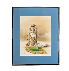 Vintage Still in Life Watercolor Painting Framed Lantern Signed Original