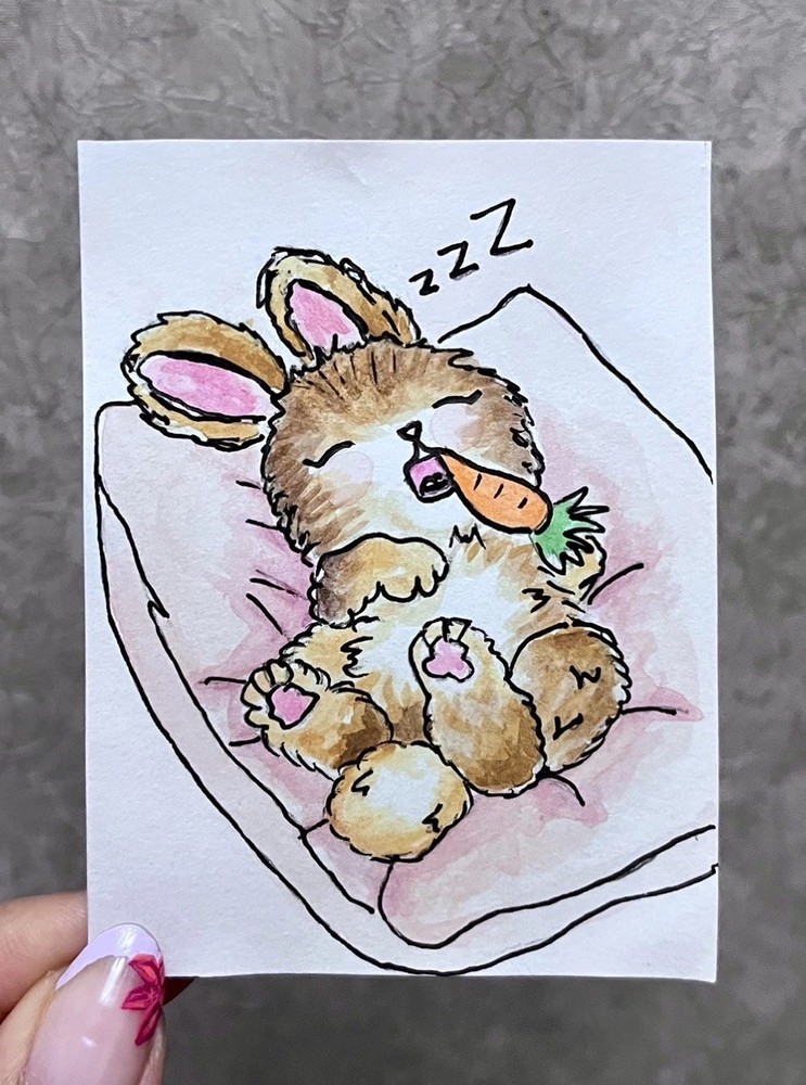 ACEO Original Watercolor Painting Sleeping Bunny Rabbit Carrot Cute OOAK Art