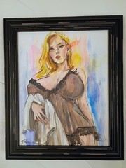 Original Pinup Painting Framed Canvas Sexy Lingerie Art Woman Female Modern