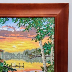 SUNSET CABIN Framed Paint by Number Artwork 20″x24″ Lake Canoe Dogs Sunset Cabin