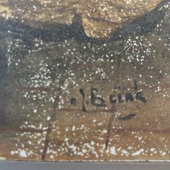 Antique Original Old Oil Painting Porcelain Tile -Family Hearth -Signed, 1868