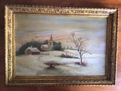 Original Vtg Oil Painting In Gold Gilt Frame Country Church Winter Landscape