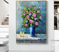 High Quality Oil Painting Colorful Flowers in vase Handmade on Canvas Wall Decor