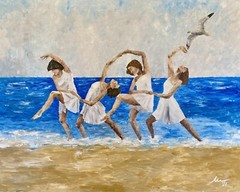 Original Artwork Oil Paintings Canvas Seagull Ocean Sea Girls Beach Sky Freedom