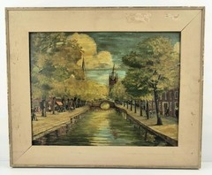 Vintage Oil Painting City Bridge over Dutch Delft Canal Netherlands Signed