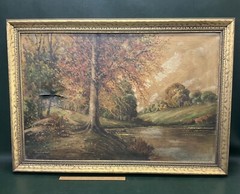 Antique Original Oil Painting Signed & Framed Forest With Stream Landscape As Is