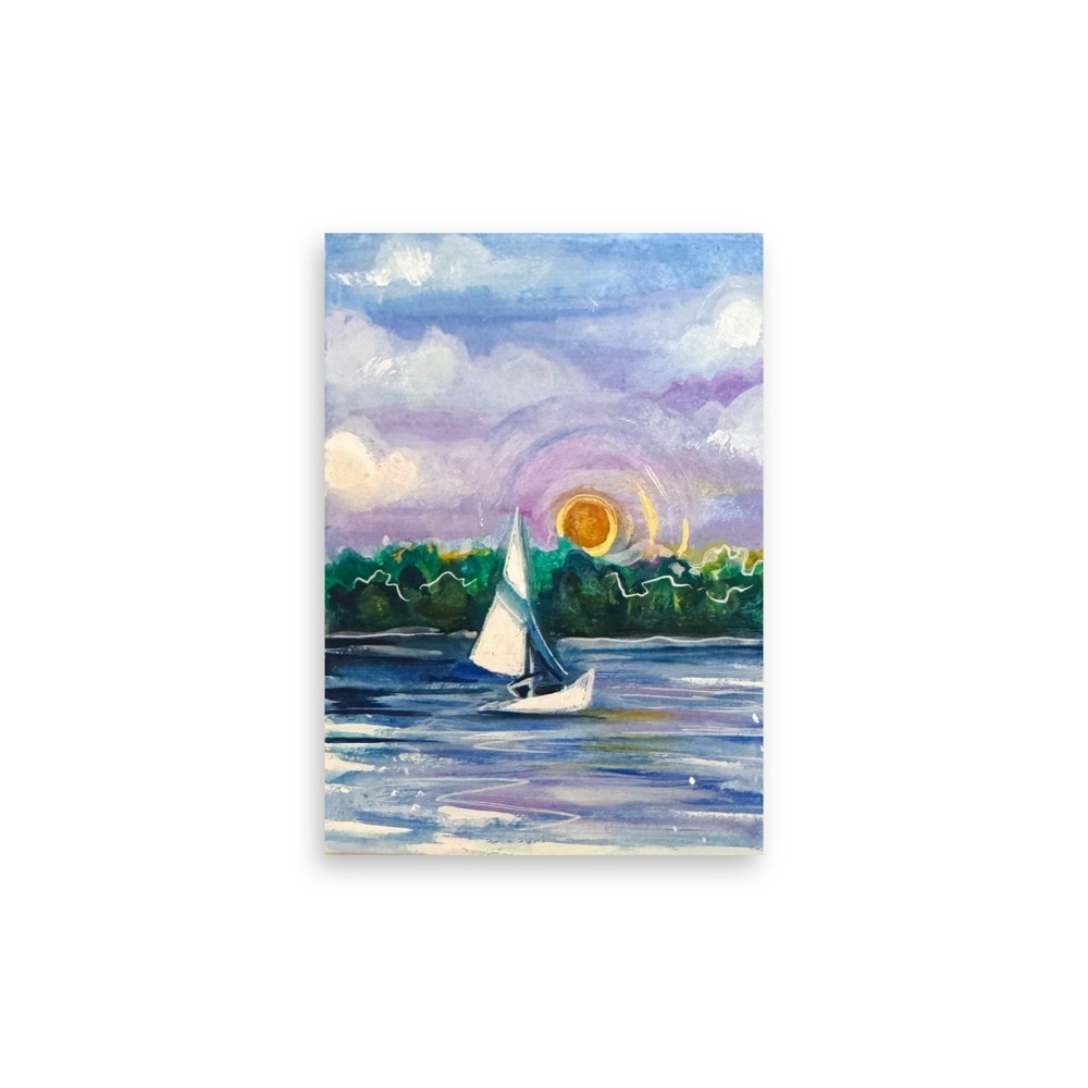 ACEO Original Painting, Abstract Whimsical Sailboat Landscape, Mini Acrylic