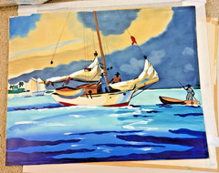 Vintage MCM Caribbean Painting Boats Fishing Ocean Signed – Set of 2