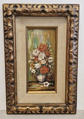 Vintage BOUQUET OF FLOWERS IN VASE Floral Impasto Oil Painting by RUBAN Framed