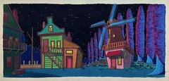 Colorful Nocturne Illustration by Schilling 1948 – Night Time Village scene
