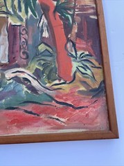LARGE PAINTING MID CENTURY LANDSCAPE COASTAL TROPICAL PALMS MODERNIST MYSTERY