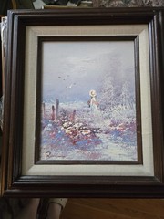vintage impressionist oil painting „woman in flowers“ Flower Garden Wood Frame