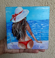Oil painting.Girl in a hat on a yacht looks into the distance.Modern mini art.