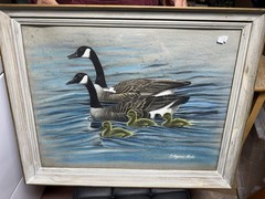 Surrealism Pastel Painting, Canada Geese with Young (Goslings) Signed By Artist!