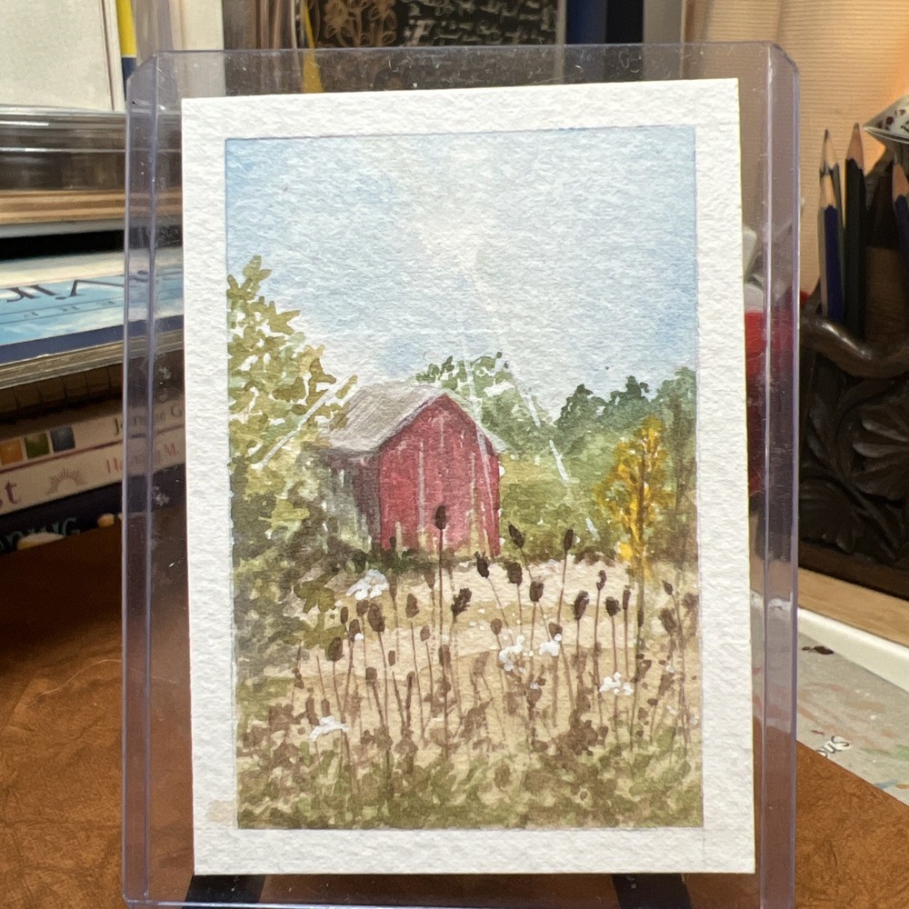 ACEO/ATC 2.5×3.5 Watercolor Original Painting Barn In A Field of Thistle Signed
