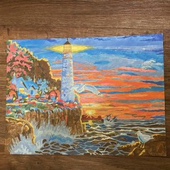 Wall Art Print Painted Lighthouse On Cliff Ocean Sunset 11”H x 15”W Beach House