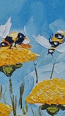 Dandelions Honey Bees 3D Original Oil Painting Wildflowers Handmade Wall Art