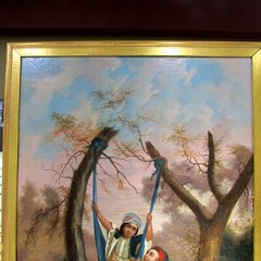 ANTIQUE PERSIAN OR MUGHAL PERIOD OIL PAINTING WITH PLAYFUL CHILDREN 33 1/2 X 26″