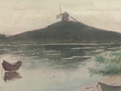 ANTIQUE WATERCOLOR SEASCAPE PAINTING W.D. PARISH FARRIS WINDMILL CAPE COD