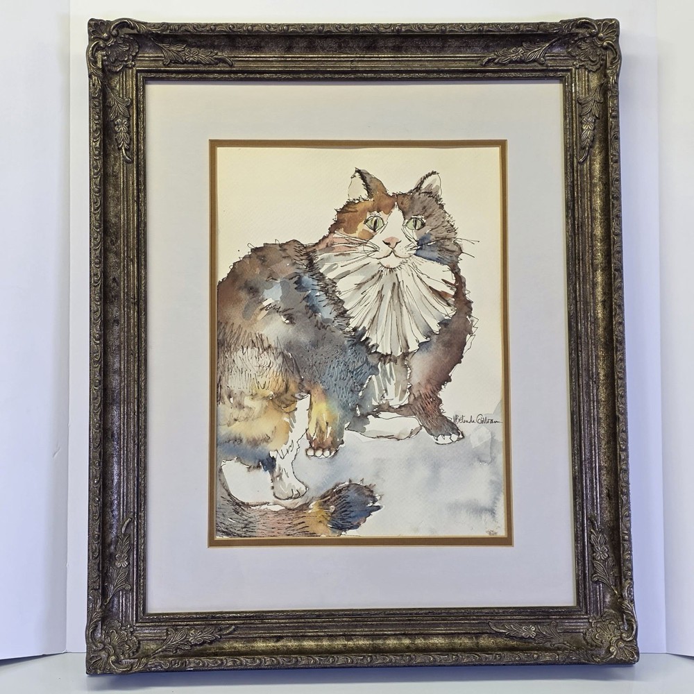 Original Watercolor Calico Cat Painting – Professionally Framed 15.5″ x 14.5″