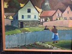 Robert Peet Hooks Signed Oil Painting Village Woman Houses Folk Art Framed 15×13
