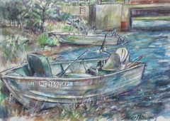 BRUCE PETERSON FISHING BOATS DOCK ORIGINAL WATERCOLOR SEASCAPE PAINTING