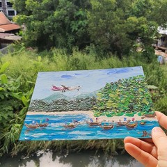 Airplane Painting Beach Boats Original Art Tropical Seascape Sky Coastal Artwork