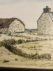 Ink And Watercolor English Cottage And Fishing Boat On The Seashore. In Frame