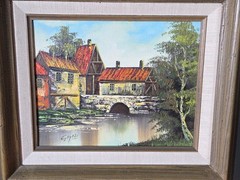 European Scene of Bridge, River & Buildings Oil Painting Signed 18 1/4″ X 16.5″