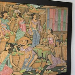 KARMAYASA IMPRESSIVE VINTAGE UBUD BALI TRIBAL VILLAGE STREET SCENE PAINTING