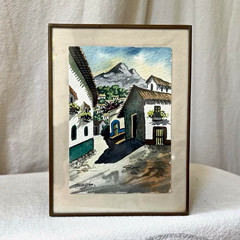 Original Mexican Village Watercolor Painting Brass Metal Frame Artist Signed