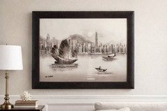 W. Chan Original Oil Painting – Asian Harbor Cityscape- 28 3/4 x 23 Framed Piece