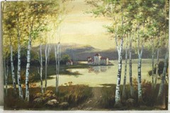 ANTIQUE FOLK ART OIL PAINTING VILLAGE BRIDGE RIVER SNOW WINTER LANDSCAPE PEOPLE